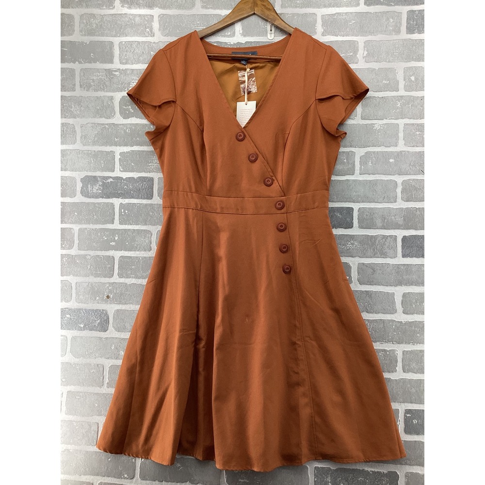 ModCloth Rust Orange Faux Wrap Fit and Flare Dress XL Flutter Sleeve Pockets New